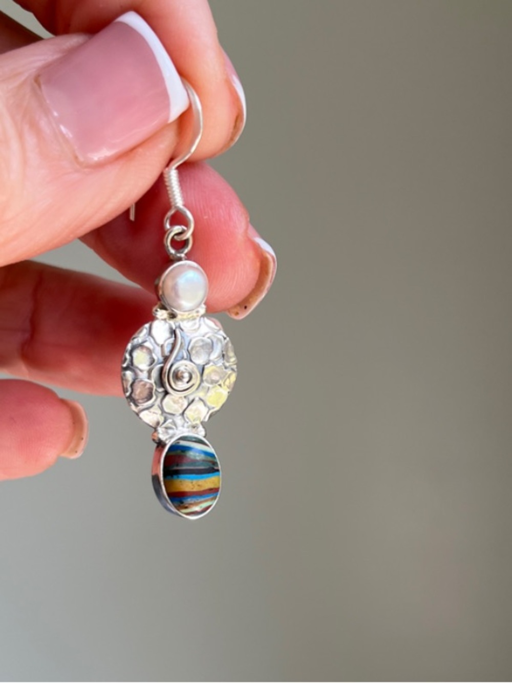 Sterling Silver Pearl and Rainbow Calsilica Drop Earrings - Picture 4 of 6